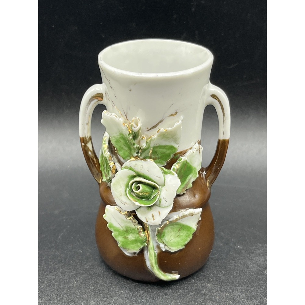 Vtg Porcelain Vase Brown & White with Flowers 3.5" Tall 2 Handles Bud Vase